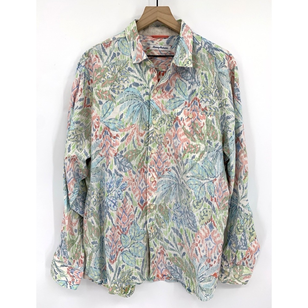 Tommy Bahama Shirt Mens Large Blue Pink Floral 100% Linen Long Sleeve Button Up